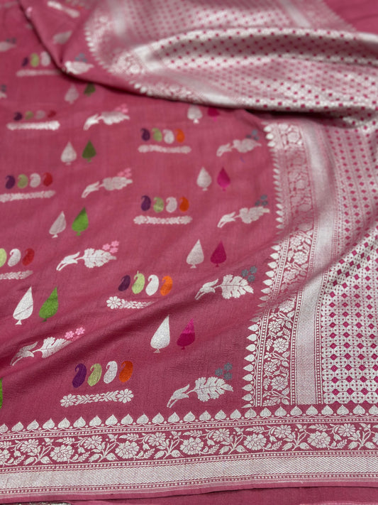 Strawberry Pink Pure Banarasi Khaddi Saree