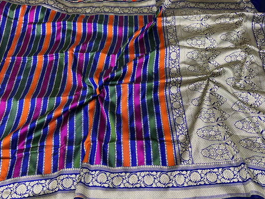 Royal Blue Pure Banarasi Katan Silk Saree - Stripe Multicolour Design with Rich Zari Weaving