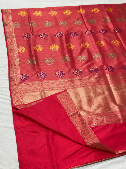 Red Minakari pure katan brocade weaving saree