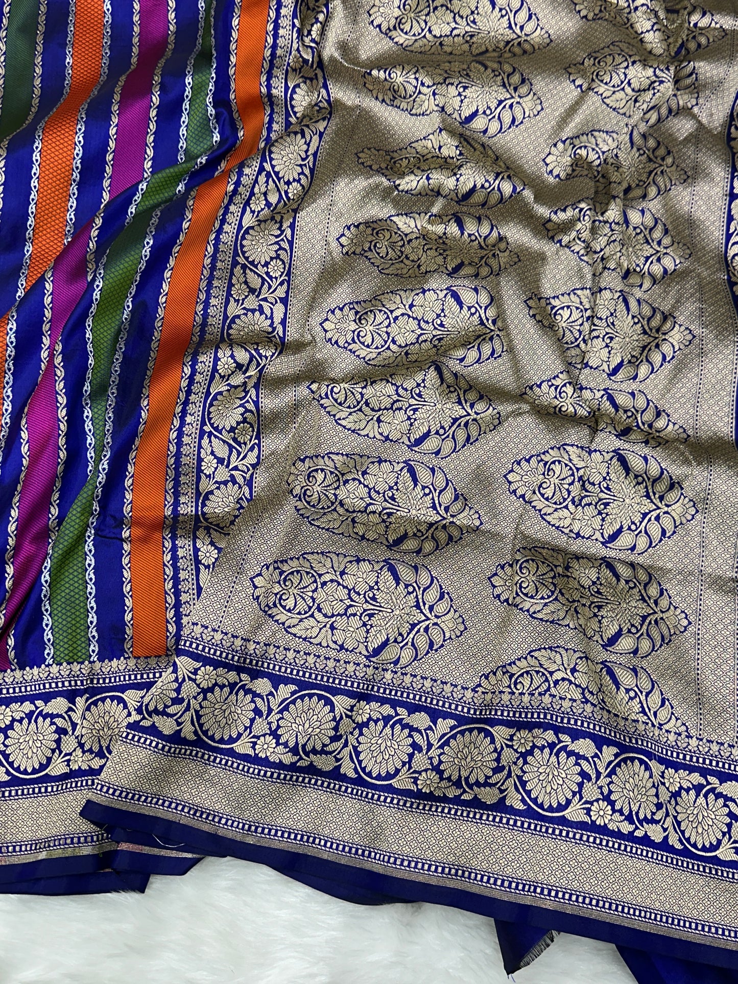 Royal Blue Pure Banarasi Katan Silk Saree - Stripe Multicolour Design with Rich Zari Weaving