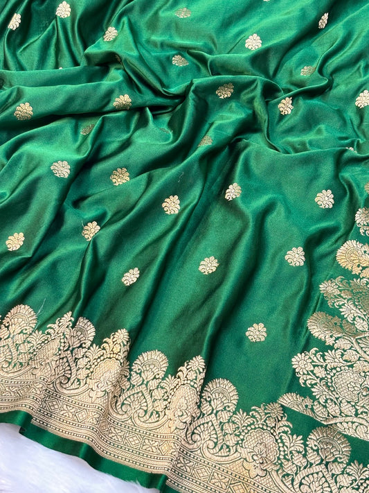 Bottle Green Pure Mashru Silk With Minakari Buti Handwoven Banarasi Saree