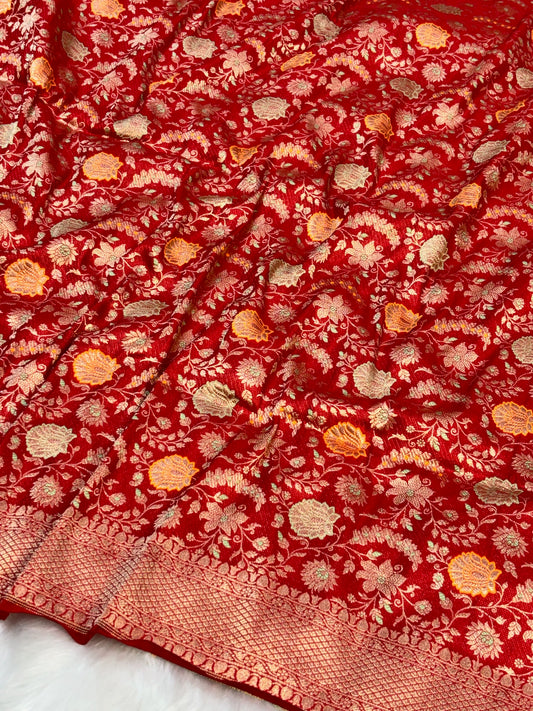Banarasi Red Pure Silk Brocade Saree – Luxurious Katan Silk with Intricate Brocade Weave