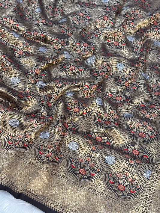 Banarasi Black Pure Silk Brocade Saree – Luxurious Katan Silk with Intricate Brocade Weave