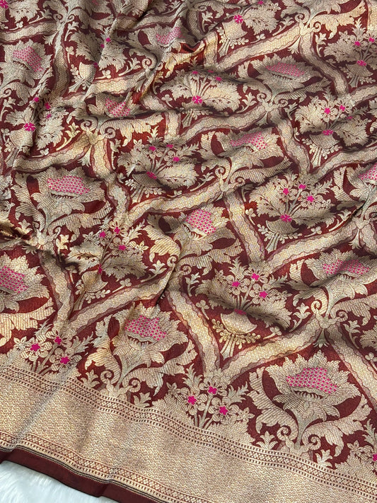 Banarasi Brown Pure Silk Brocade Saree – Luxurious Katan Silk with Intricate Brocade Weave