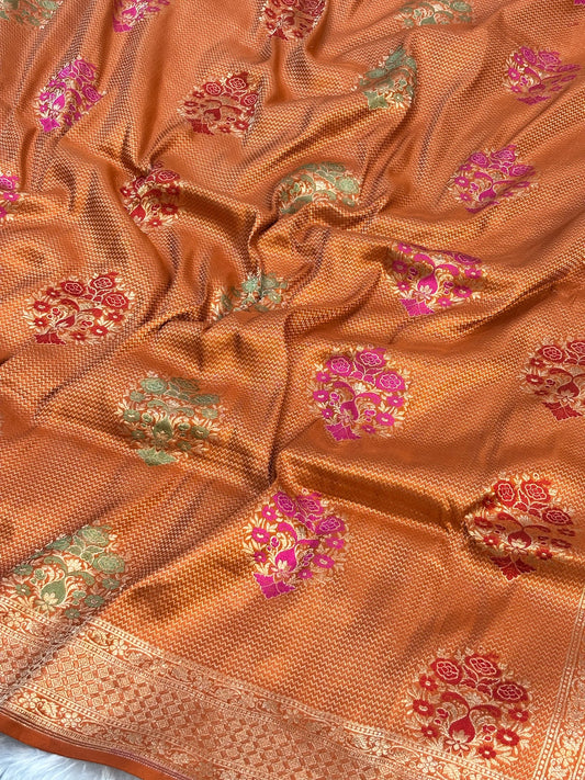 Banarasi Orange Pure Silk Brocade Saree – Luxurious Katan Silk with Intricate Brocade Weave