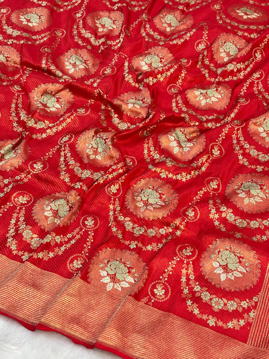 Banarasi Red Pure Silk Brocade Saree – Luxurious Katan Silk with Intricate Brocade Weave