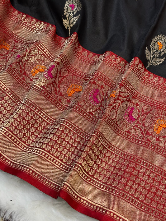 Pure Katan Silk Handwoven Banarasi Saree – Black Base with Rich Zari Border