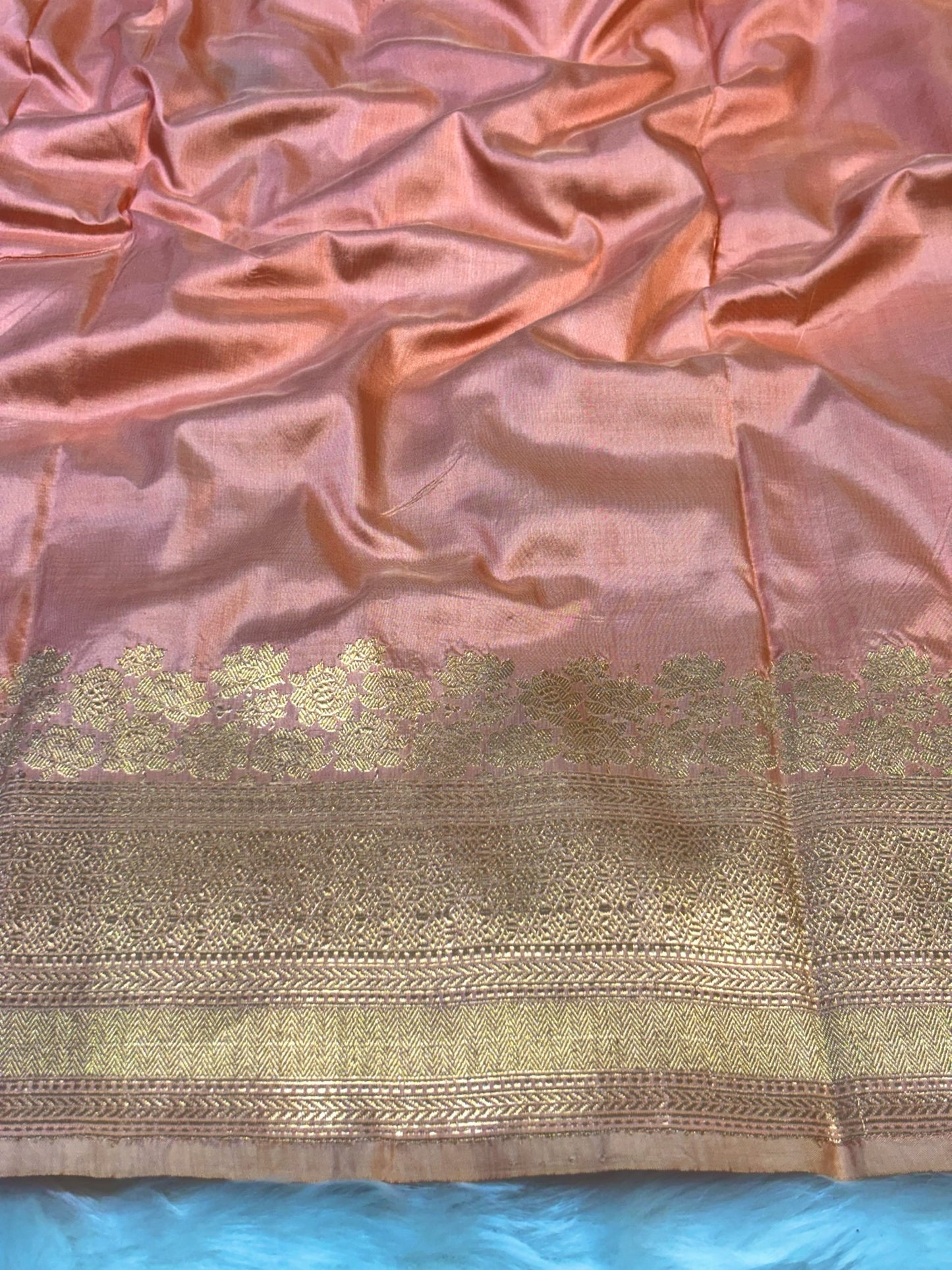Pure Katan Silk Handwoven Banarasi Saree – Peach Gold Base with Rich Zari Border