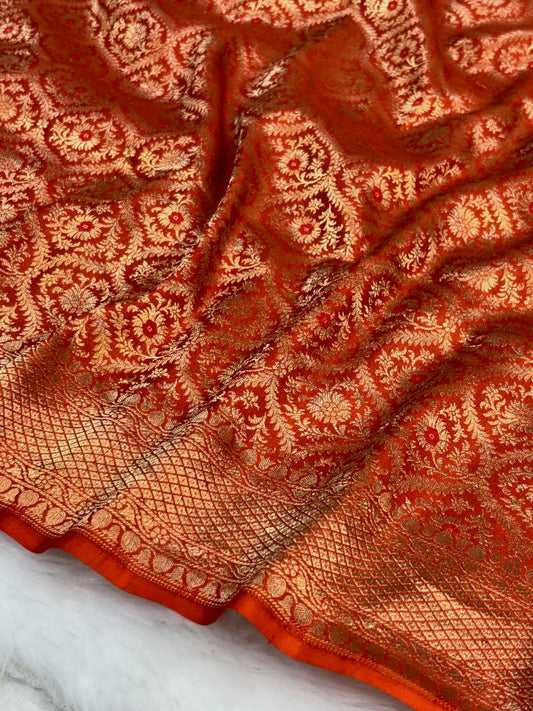 Banarasi Orange Pure Silk Brocade Saree – Luxurious Katan Silk with Intricate Brocade Weave