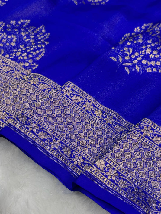 Banarasi Royal Blue Pure Silk Brocade Saree – Luxurious Katan Silk with Intricate Brocade Weave