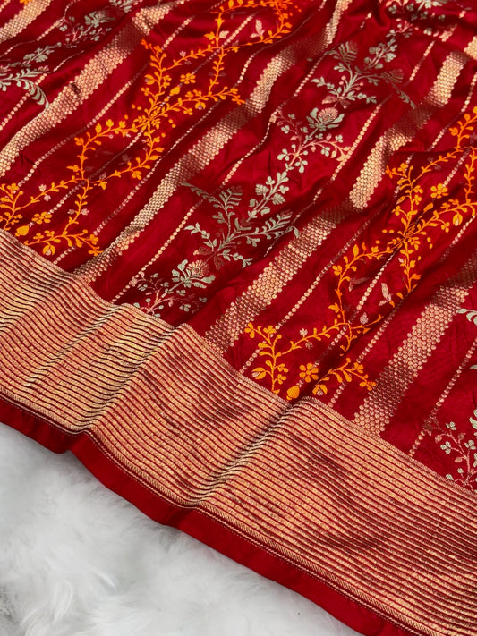 Banarasi Red Pure Silk Brocade Saree – Luxurious Katan Silk with Intricate Brocade Weave