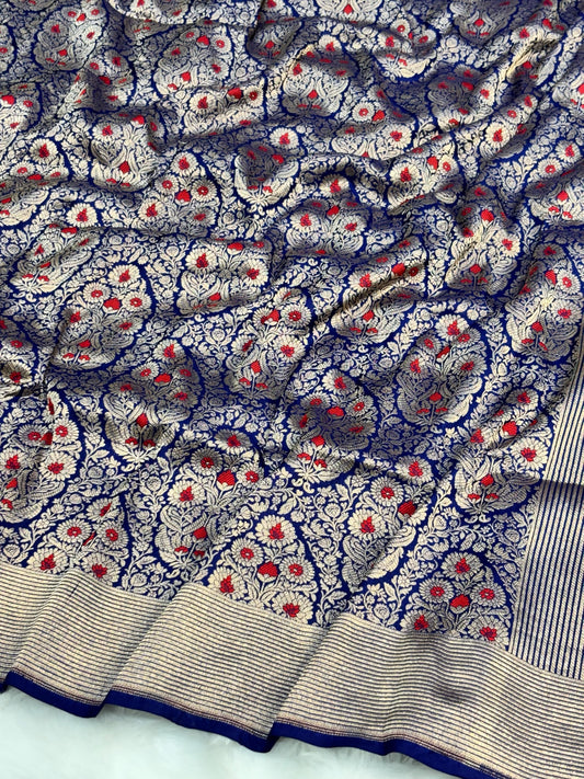 Banarasi Royal Blue Pure Silk Brocade Saree – Luxurious Katan Silk with Intricate Brocade Weave