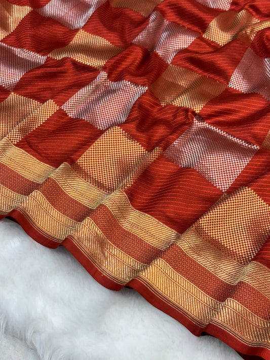Banarasi Brick Red Pure Silk Brocade Saree – Luxurious Katan Silk with Intricate Brocade Weave