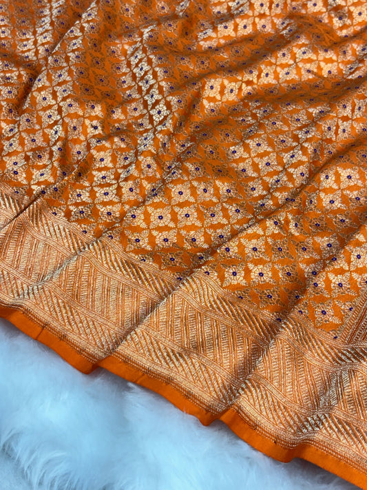 Banarasi Orange Pure Silk Brocade Saree – Luxurious Katan Silk with Intricate Brocade Weave