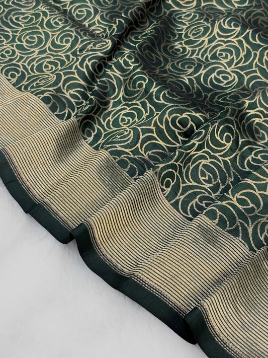 Banarasi Bottle Green Pure Silk Brocade Saree – Luxurious Katan Silk with Intricate Brocade Weave