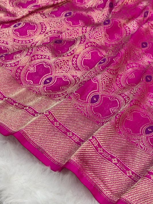 Banarasi Hot Pink Pure Silk Brocade Saree – Luxurious Katan Silk with Intricate Brocade Weave