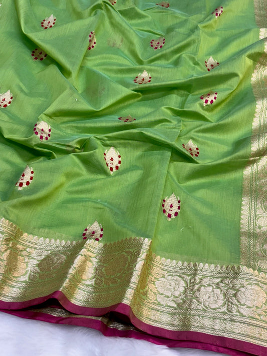 100% Pure Parrot Green Cotton Silk Saree | Soft Lightweight Handwoven Elegant Saree for Daily & Festive Wear