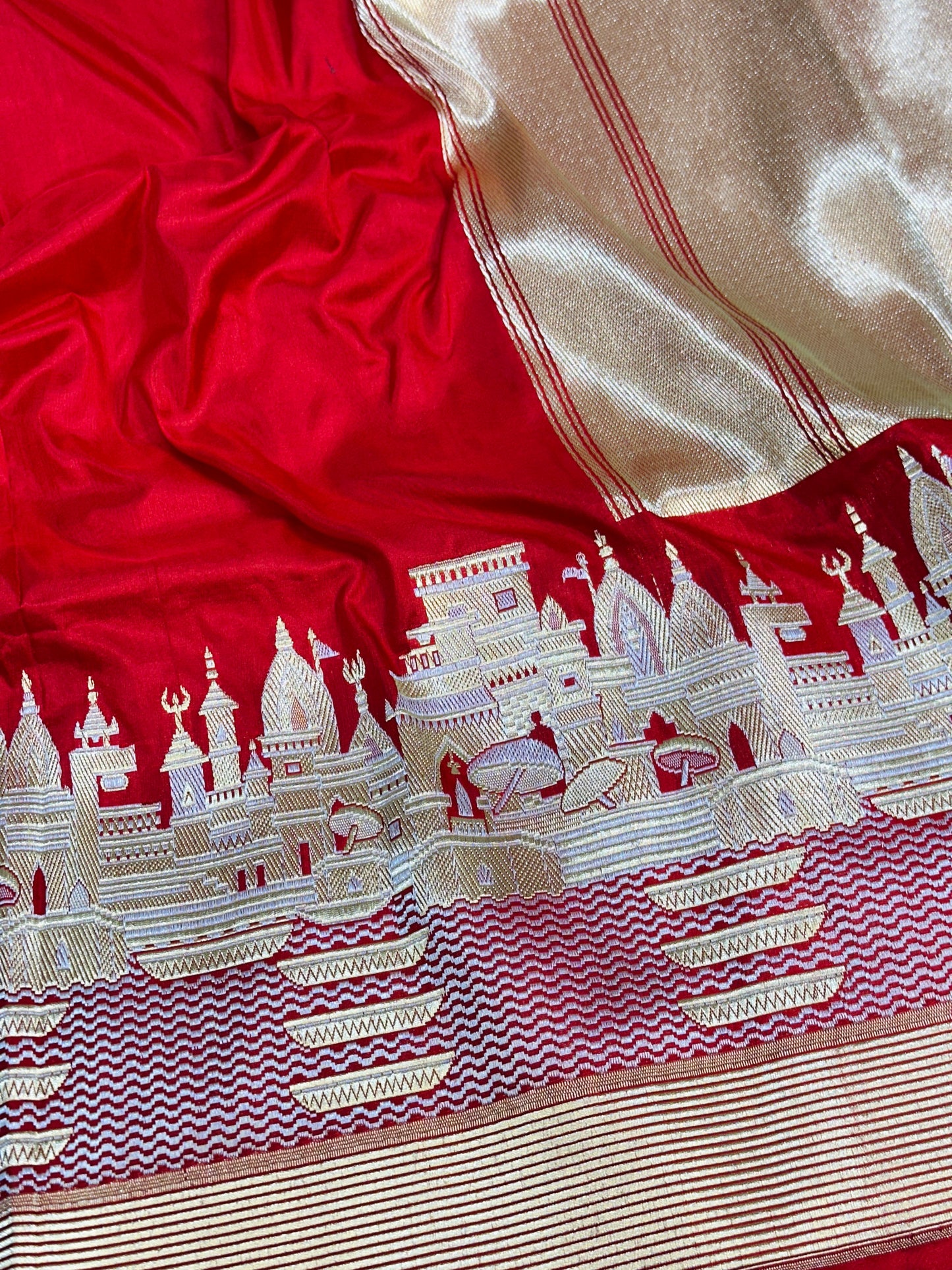 Deep Red Pure Banarasi Katan Silk Saree - Ghat Motiff with Rich Zari Weaving