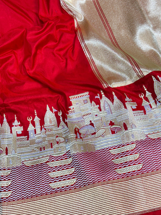 Deep Red Pure Banarasi Katan Silk Saree - Ghat Motiff with Rich Zari Weaving