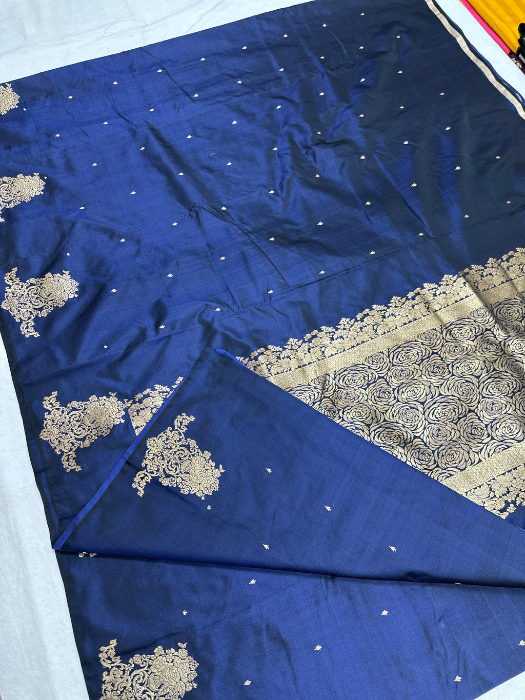 Deep Navy Blue Handwoven Mashru Silk Saree