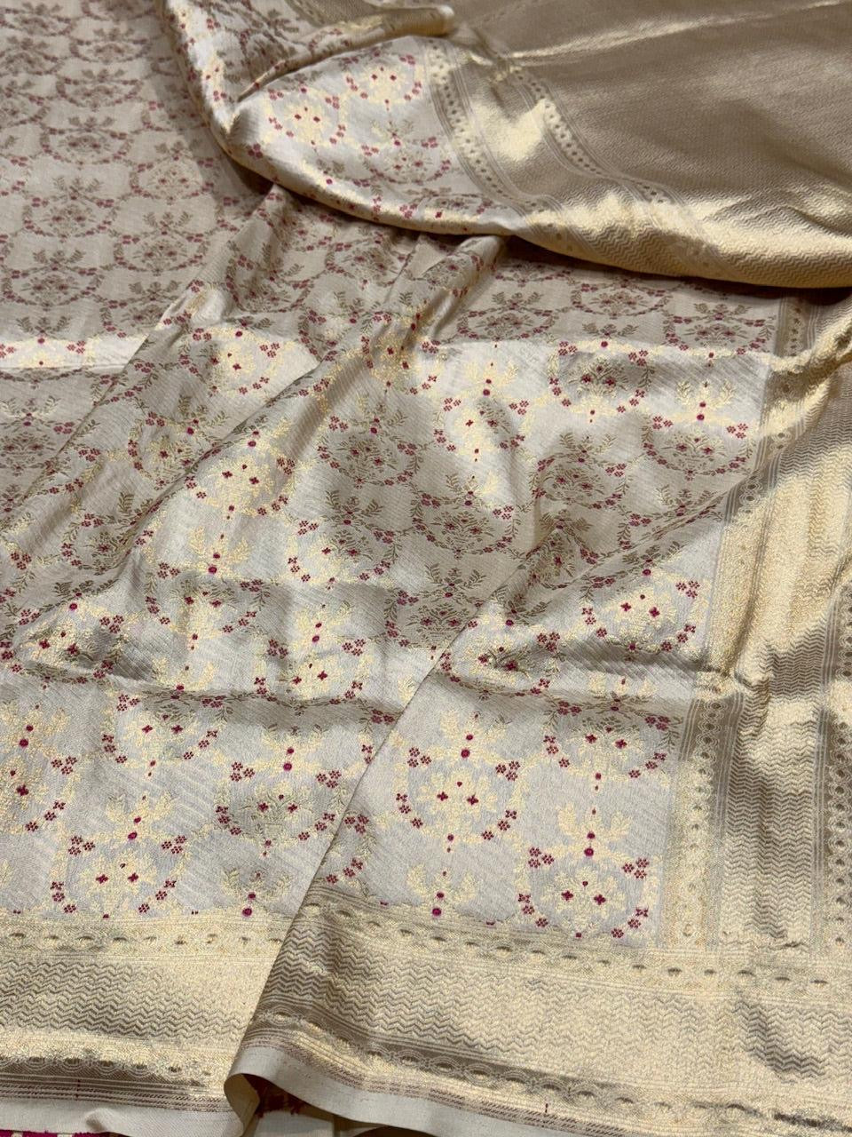 Ivory Banarasi Minakari Pure Silk Brocade Saree