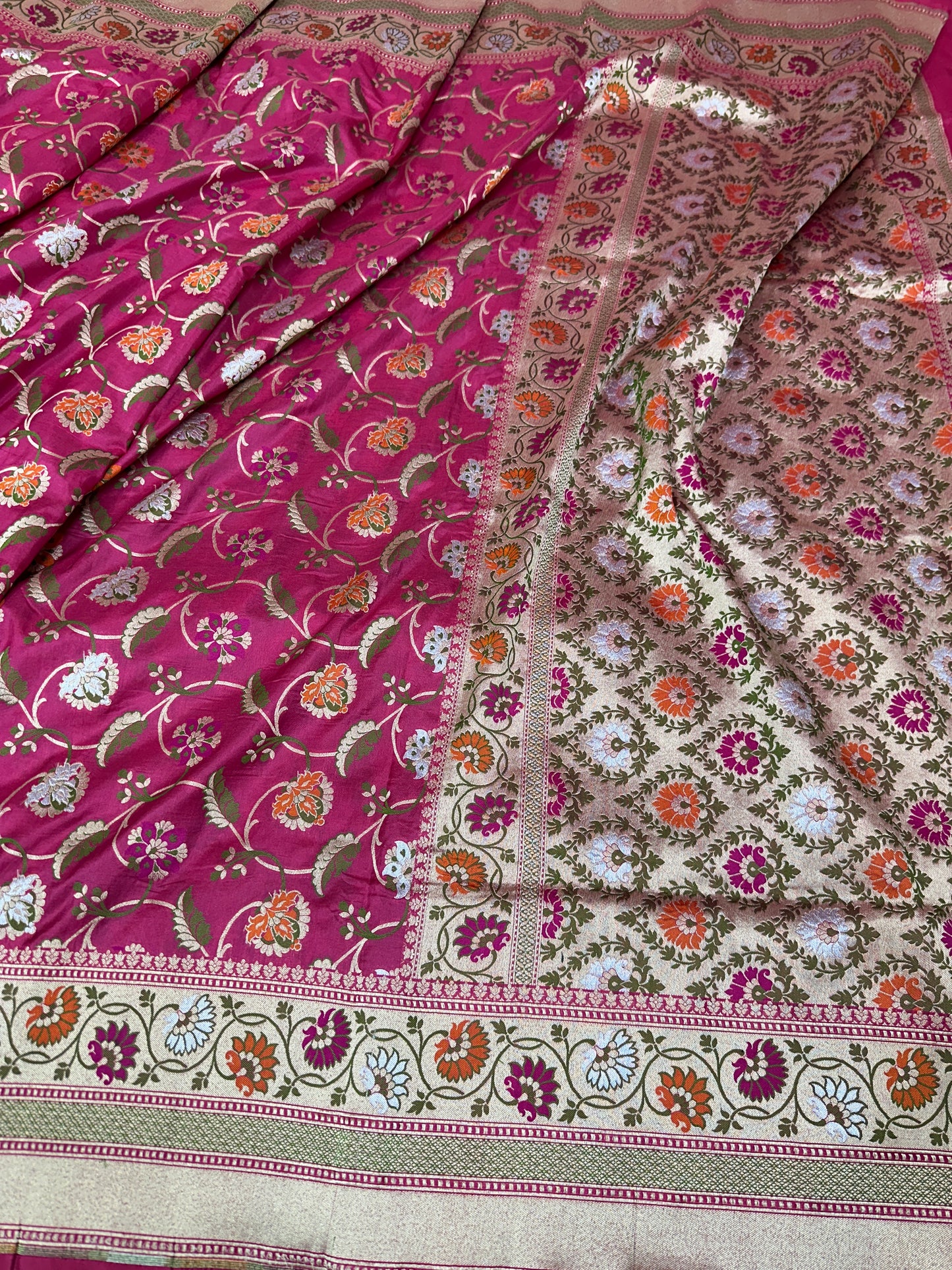 Hot Pink Pure Banarasi Katan Silk Saree - Floral Minakari Jaal with Rich Zari Border