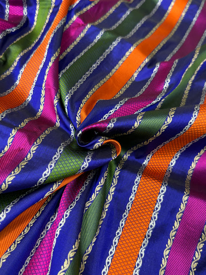 Royal Blue Pure Banarasi Katan Silk Saree - Stripe Multicolour Design with Rich Zari Weaving
