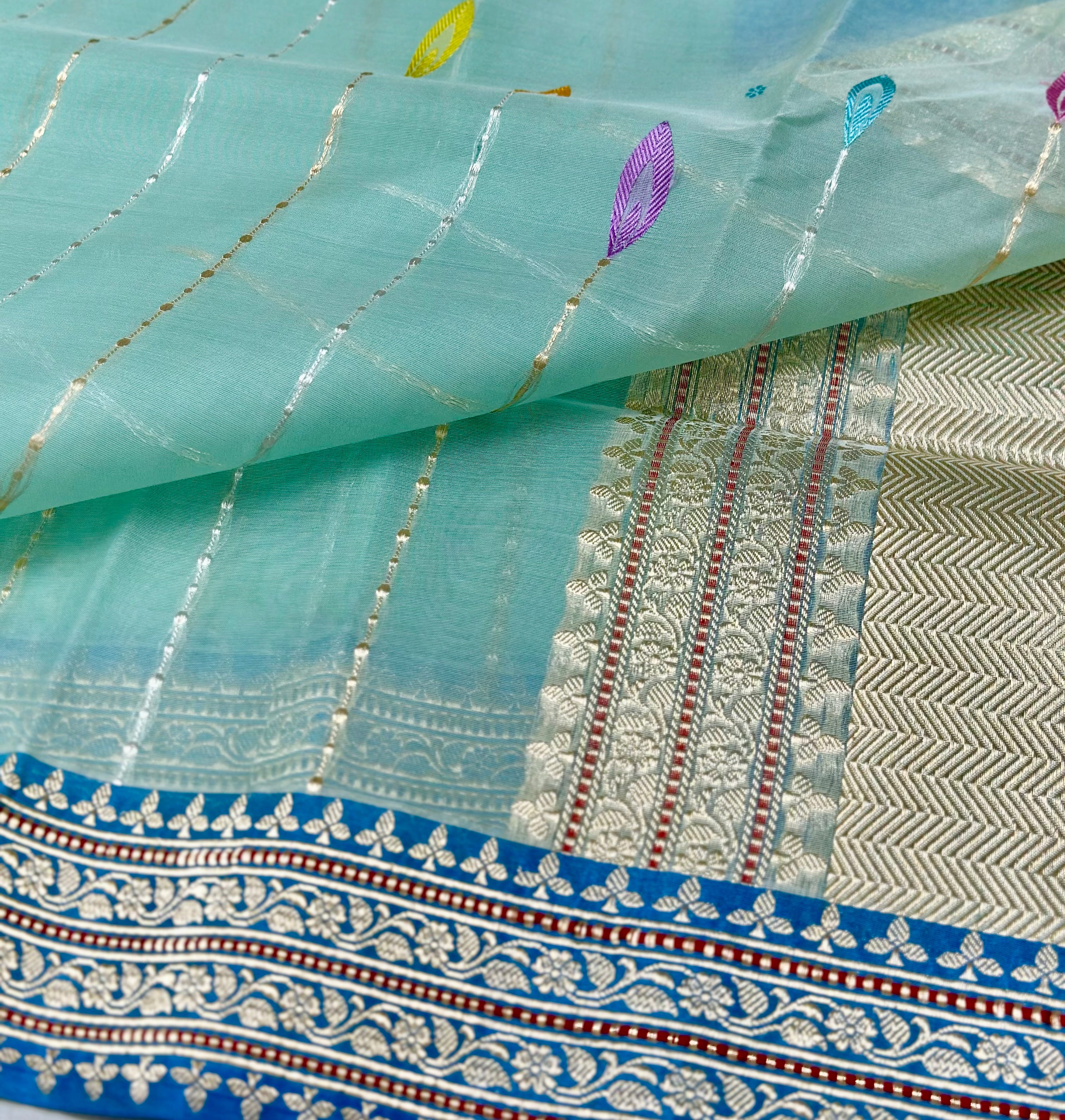 Firozi Handwoven Pure Kora silk Saree
