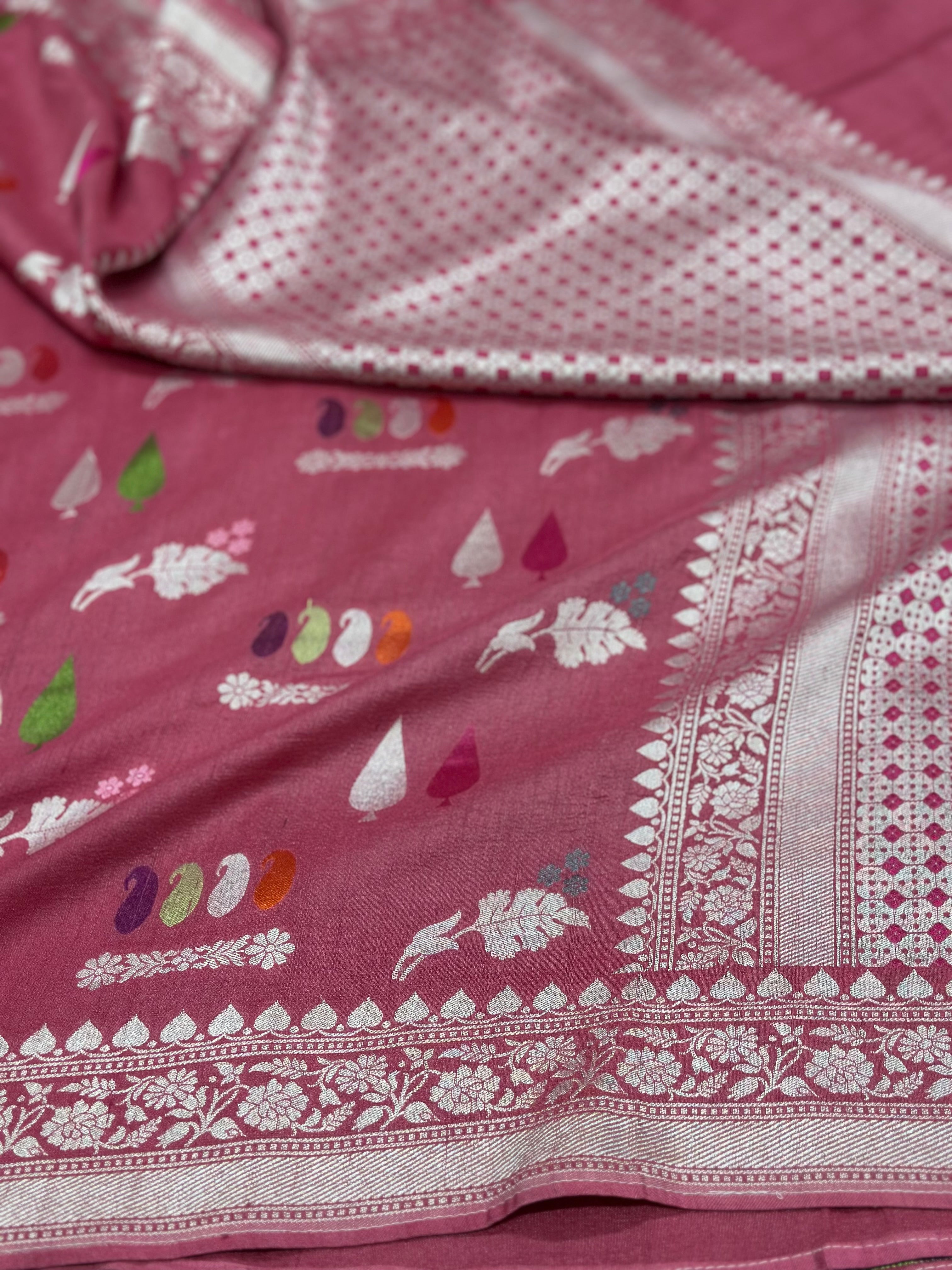 Strawberry Pink Pure Banarasi Khaddi Saree