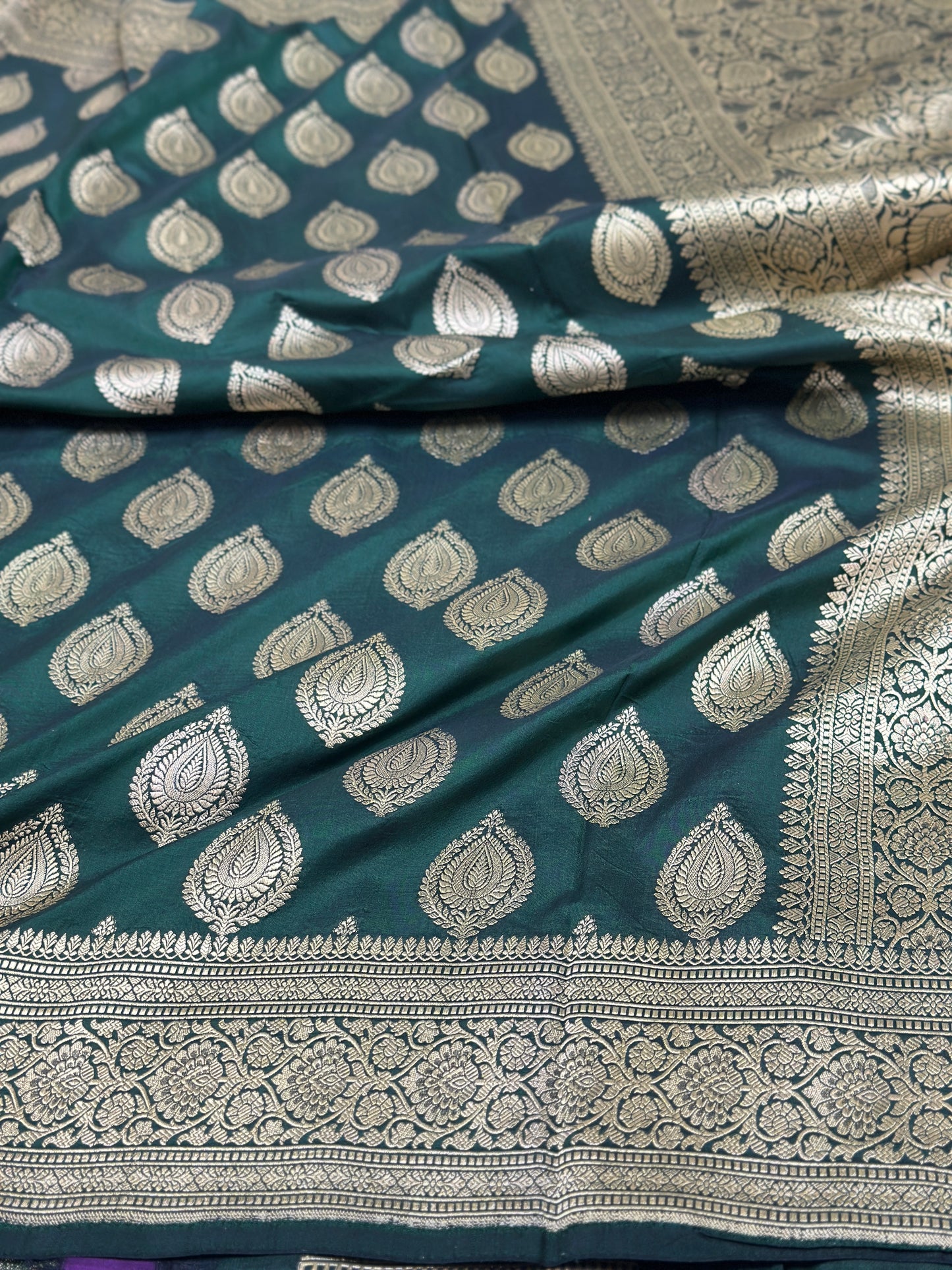 Bottle green Pure Banarasi Silk Saree
