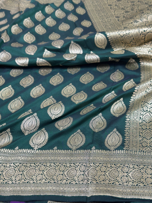 Bottle green Pure Banarasi Silk Saree