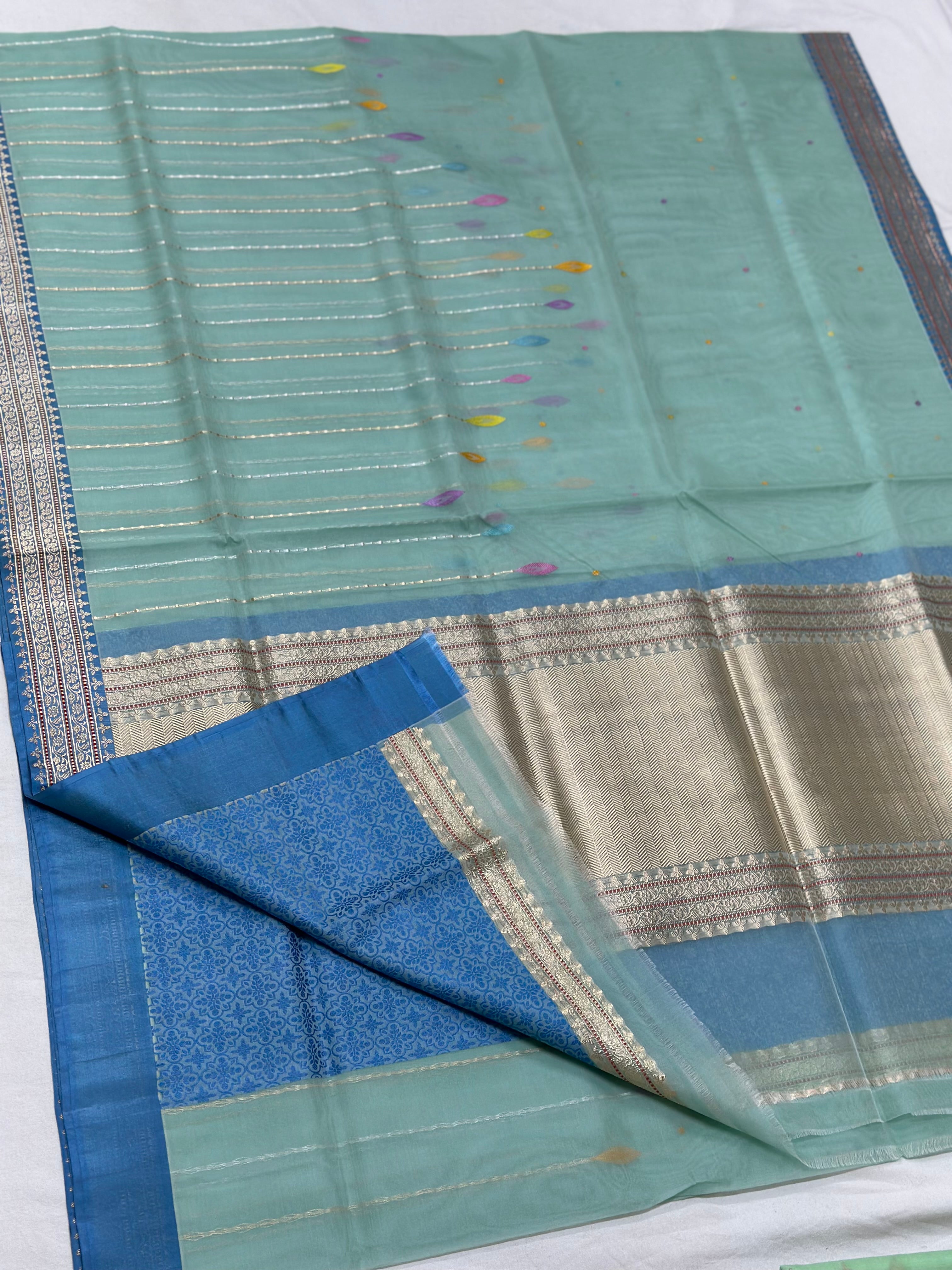 Firozi Handwoven Pure Kora silk Saree