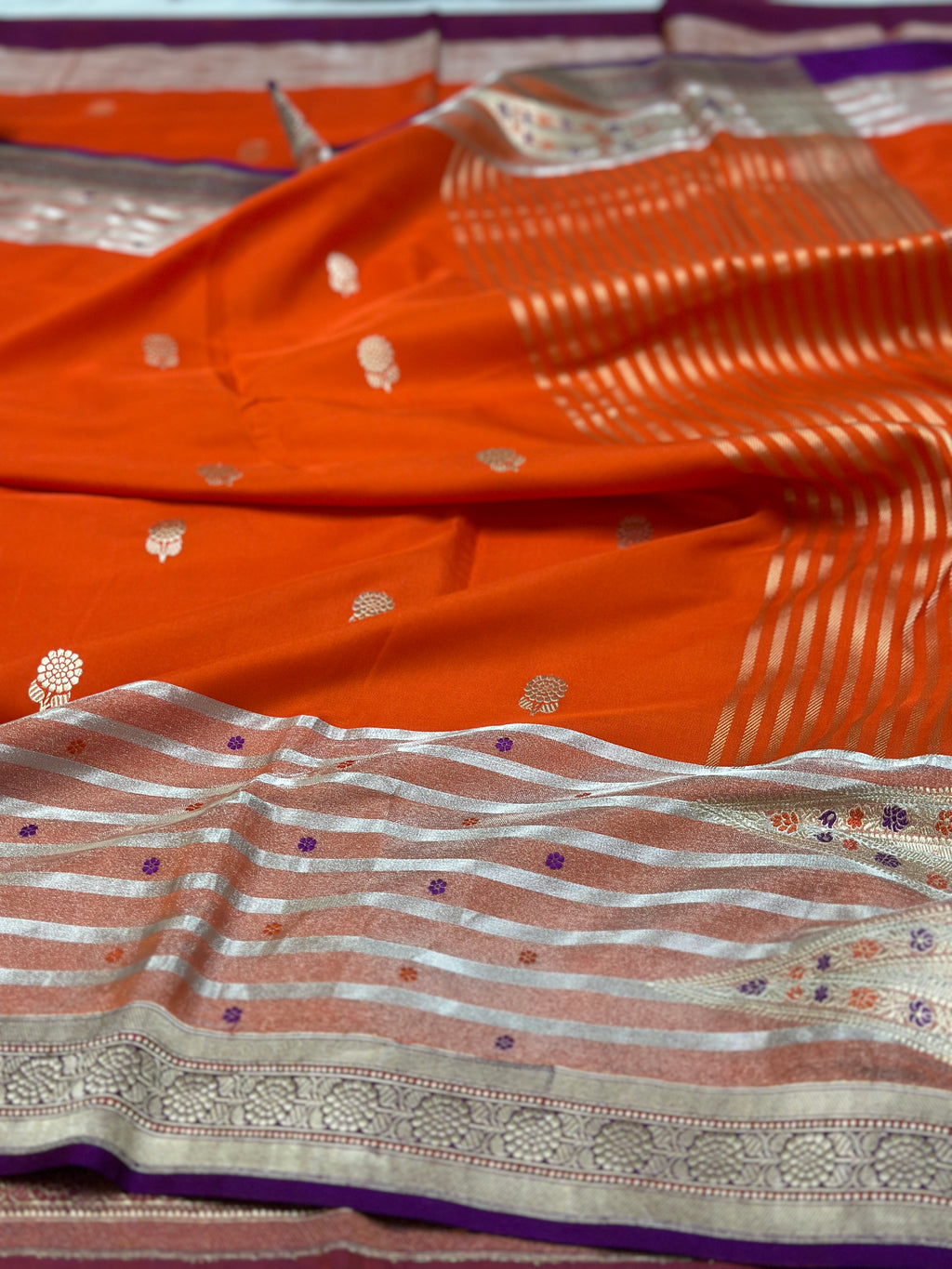 Orange Handwoven Pure Banarasi katan tissue Silk Saree