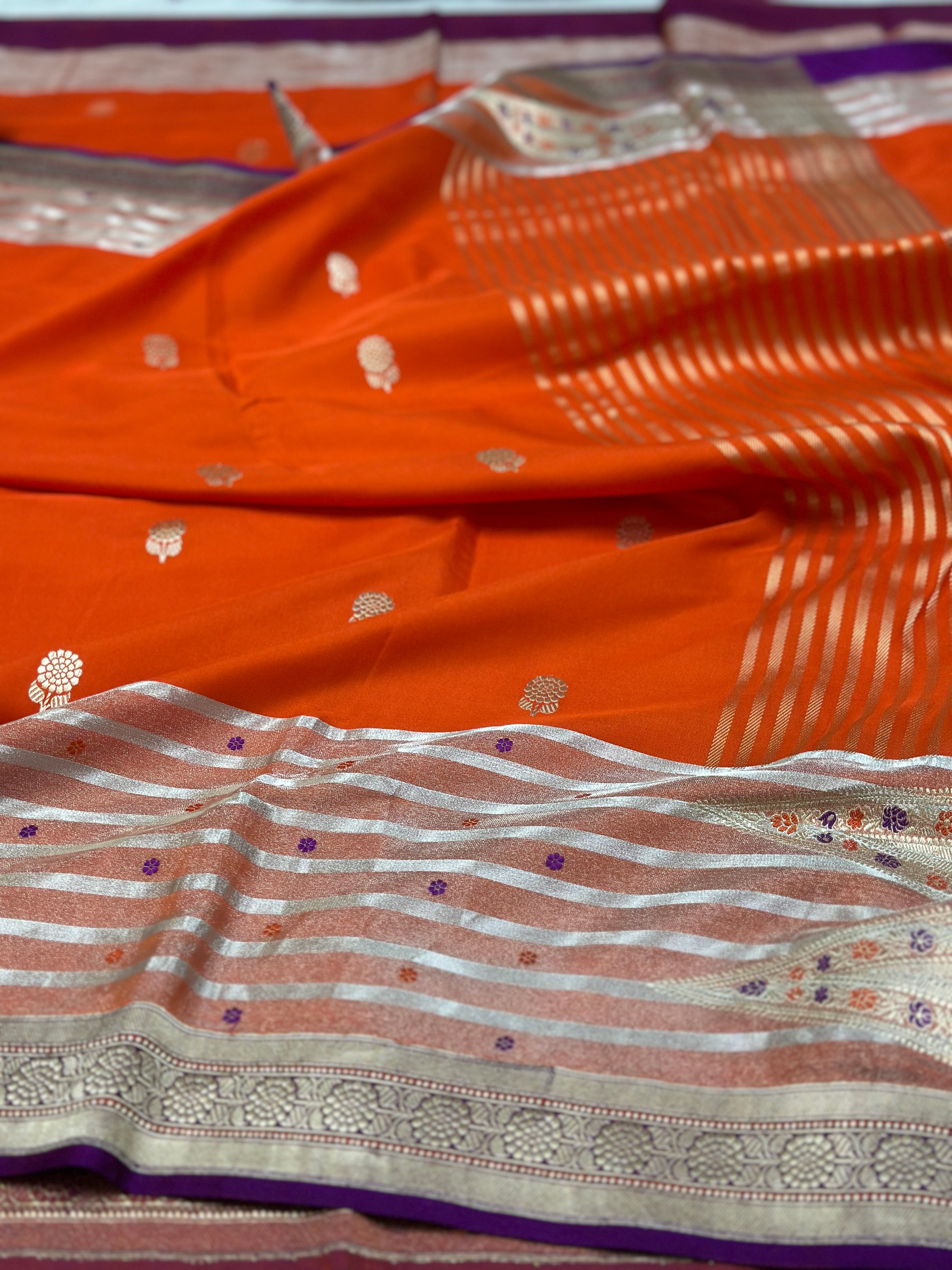 Orange Handwoven Pure Banarasi katan tissue Silk Saree