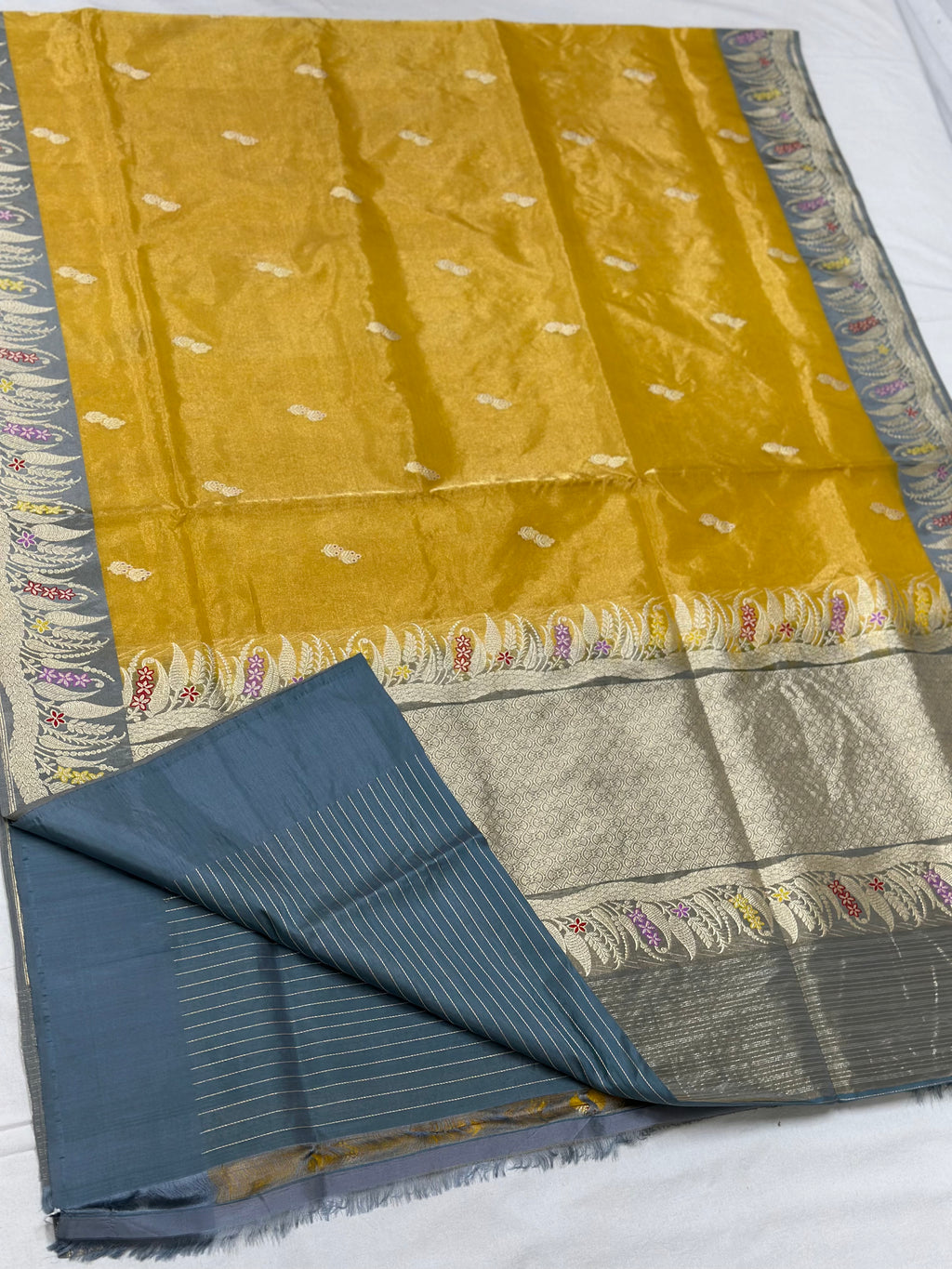 Gold/Grey Handwoven Pure Banarasi Tissue Saree