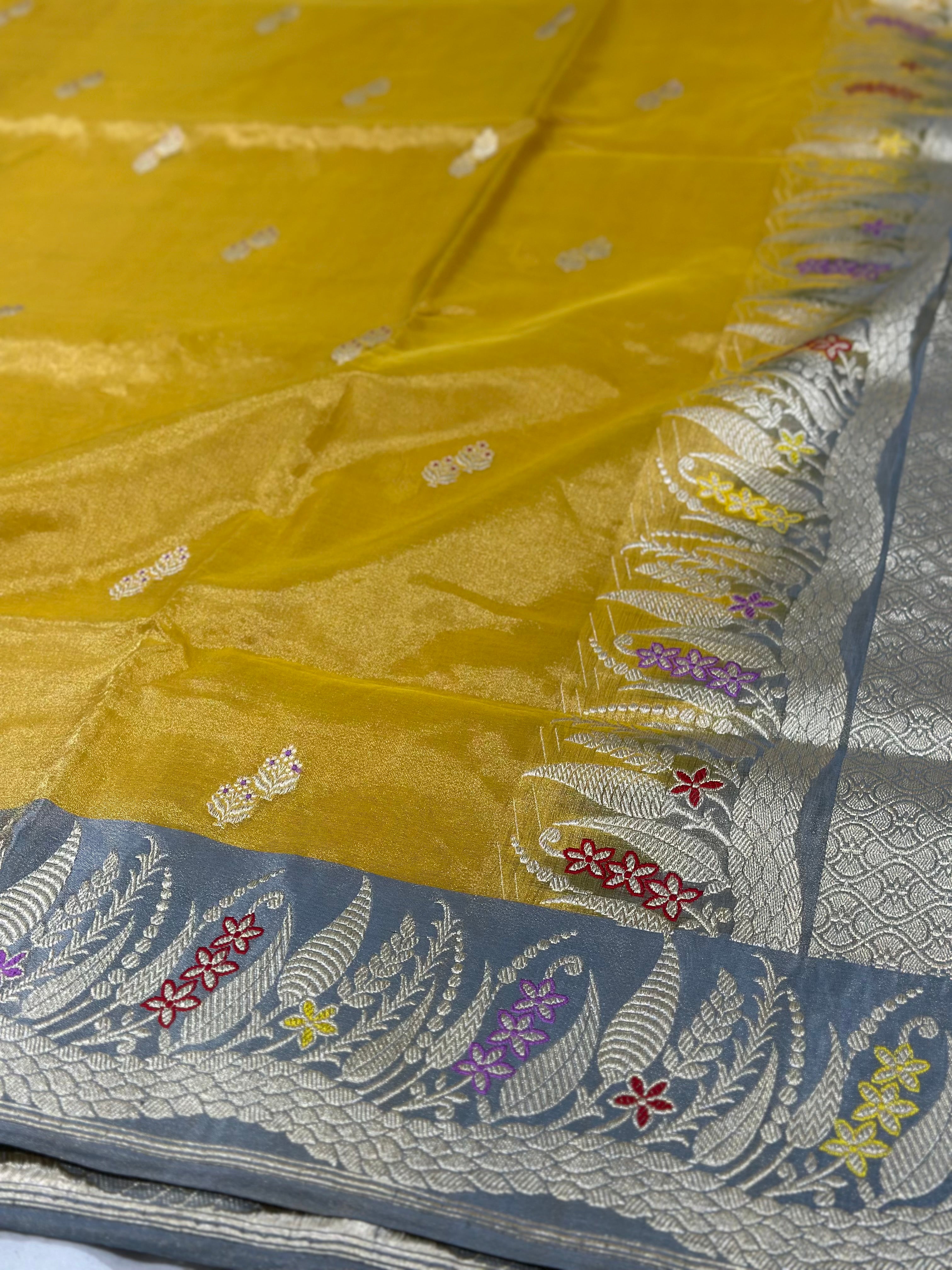 Gold/Grey Handwoven Pure Banarasi Tissue Saree