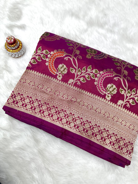 Deep Majenta Pure Banarasi Katan Silk Saree - Floral Minakari Motiff with Rich Zari Weaving