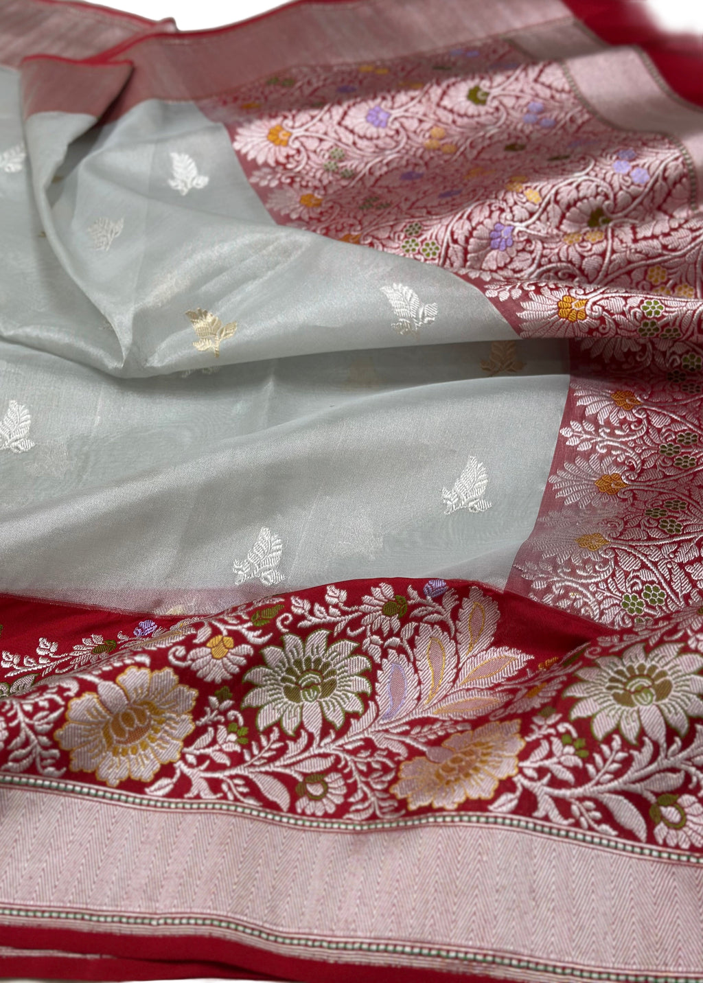 Metallic White/Red Handwoven Pure Tissue Saree