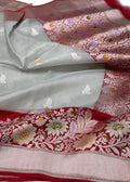 Metallic White/Red Handwoven Pure Tissue Saree