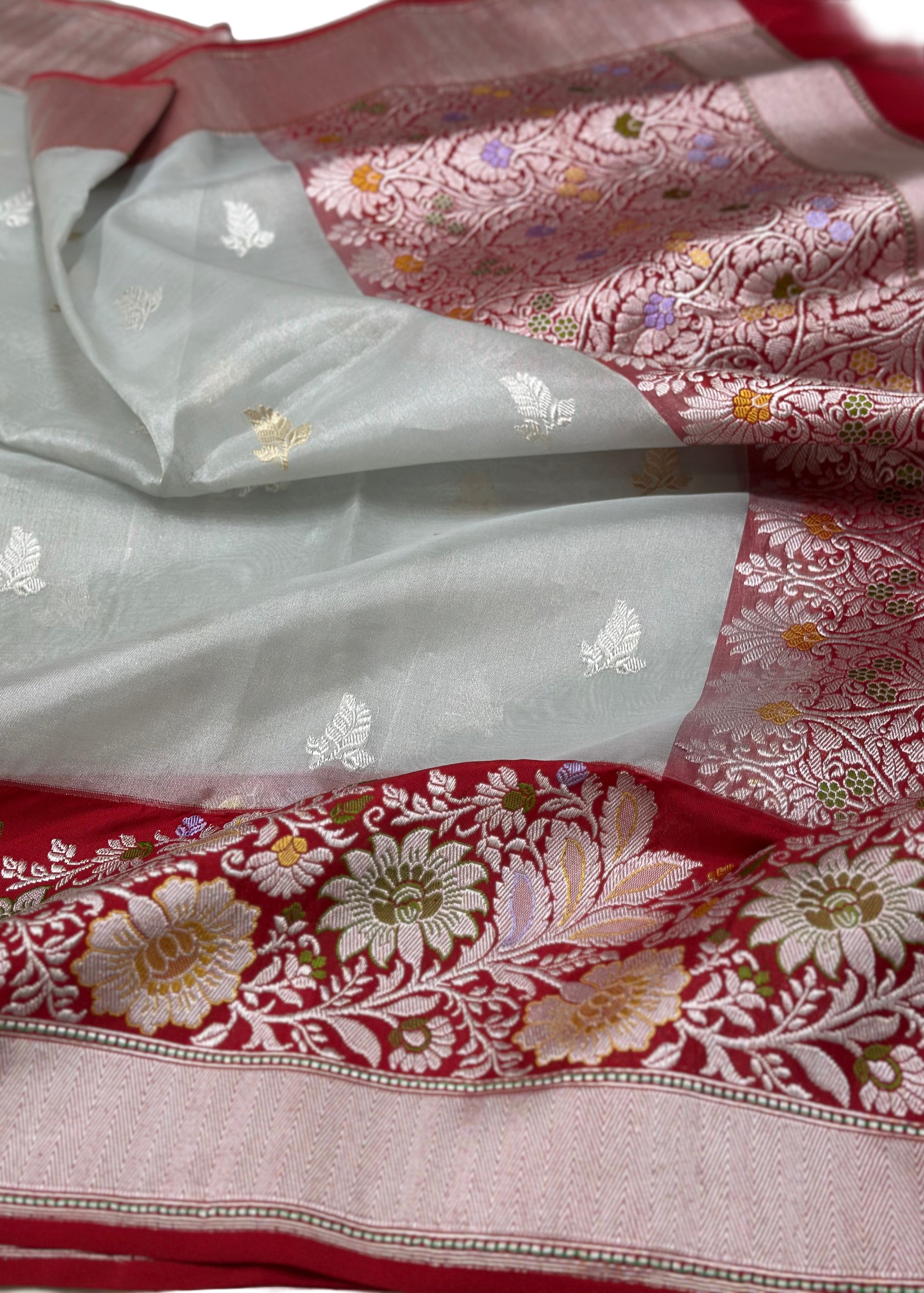 Metallic White/Red Handwoven Pure Tissue Saree
