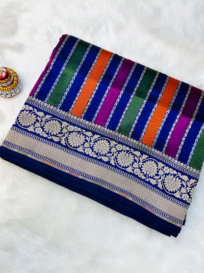 Royal Blue Pure Banarasi Katan Silk Saree - Stripe Multicolour Design with Rich Zari Weaving
