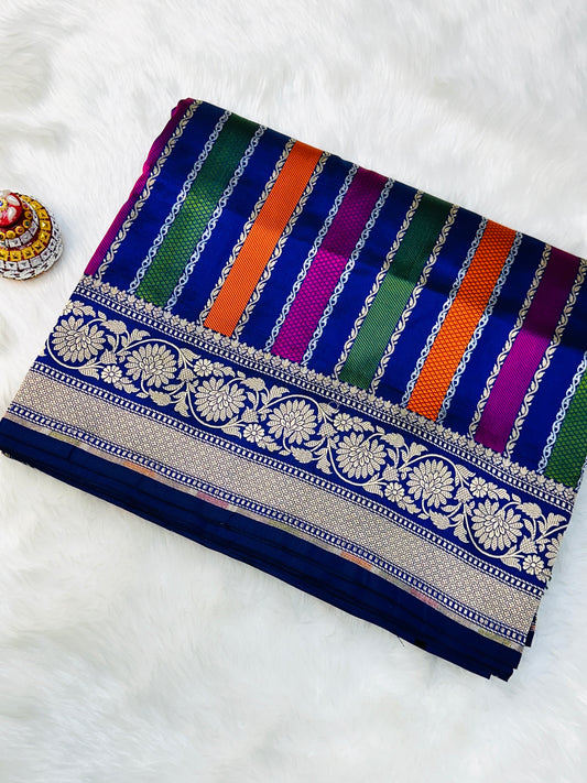 Royal Blue Pure Banarasi Katan Silk Saree - Stripe Multicolour Design with Rich Zari Weaving