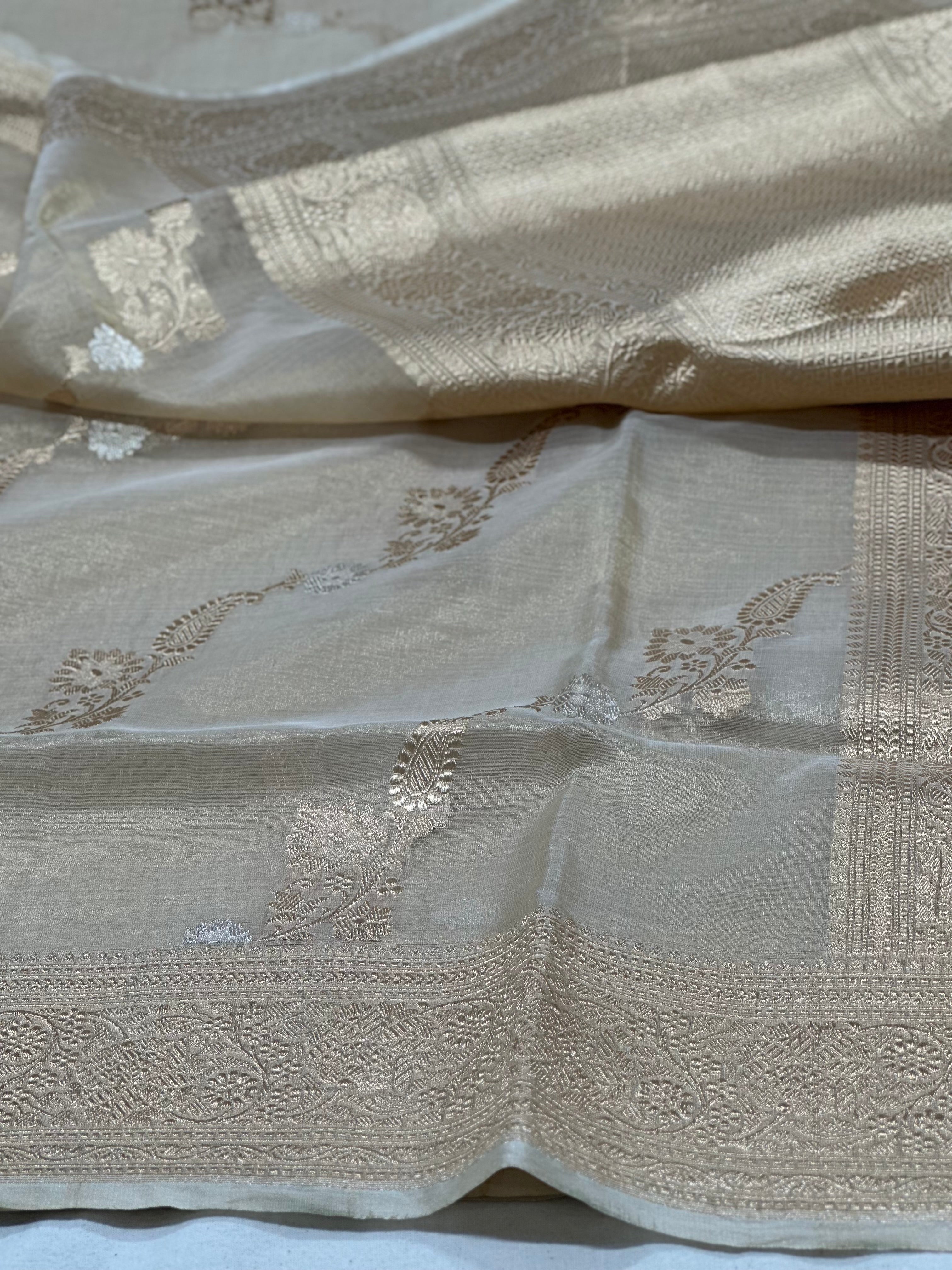 Ivory Handwoven Banarasi Pure Iktara Tissue Jangla Saree