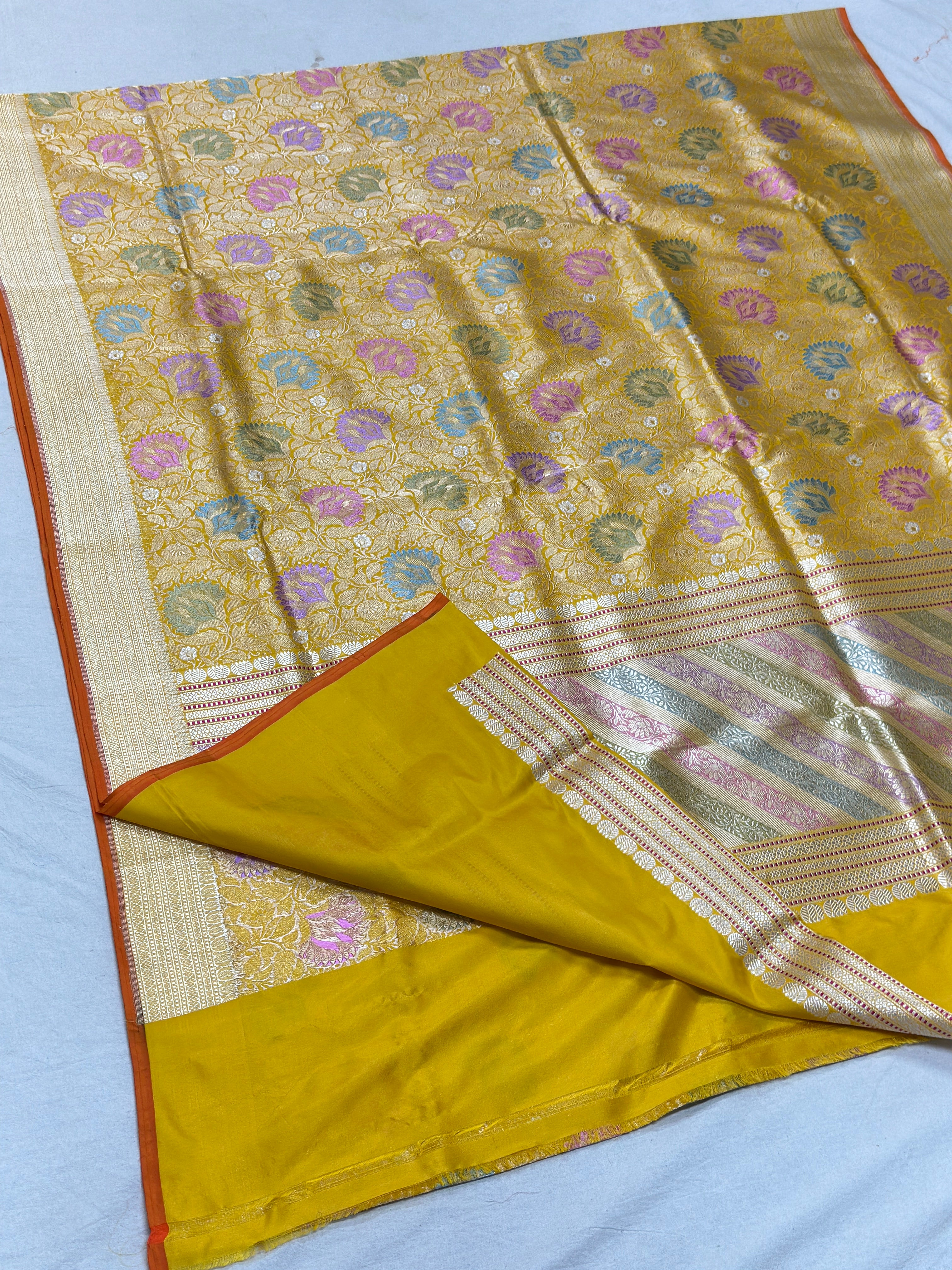 Yellow Handwoven Pure Banarasi katan Silk Saree