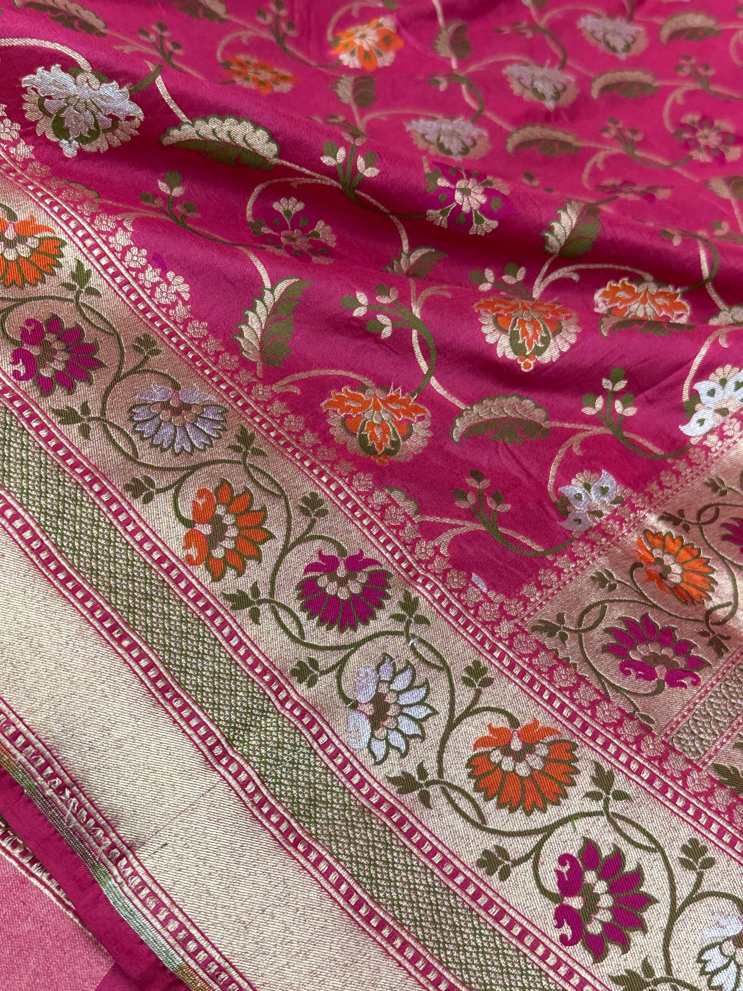 Hot Pink Pure Banarasi Katan Silk Saree - Floral Minakari Jaal with Rich Zari Border