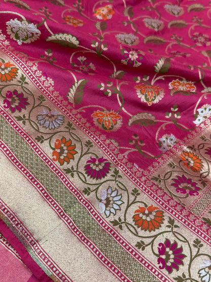 Hot Pink Pure Banarasi Katan Silk Saree - Floral Minakari Jaal with Rich Zari Border