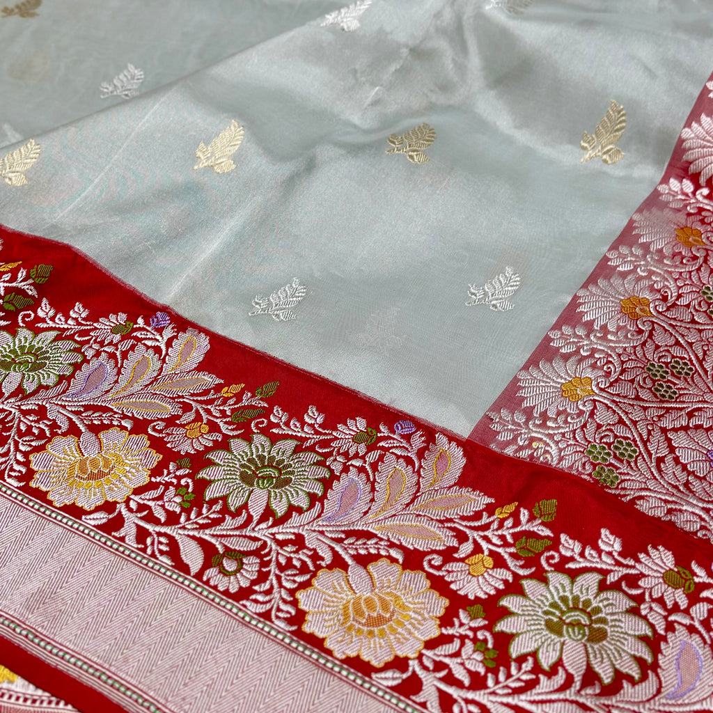 Metallic White/Red Handwoven Pure Tissue Saree