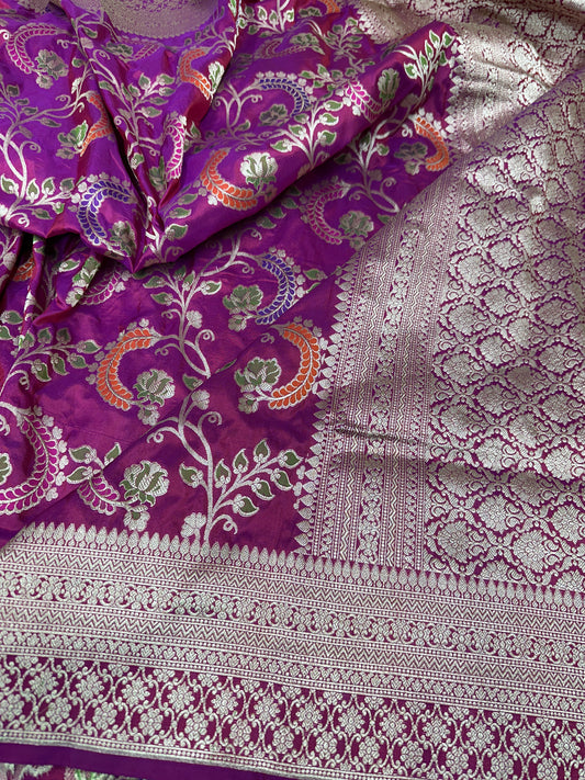 Deep Majenta Pure Banarasi Katan Silk Saree - Floral Minakari Motiff with Rich Zari Weaving