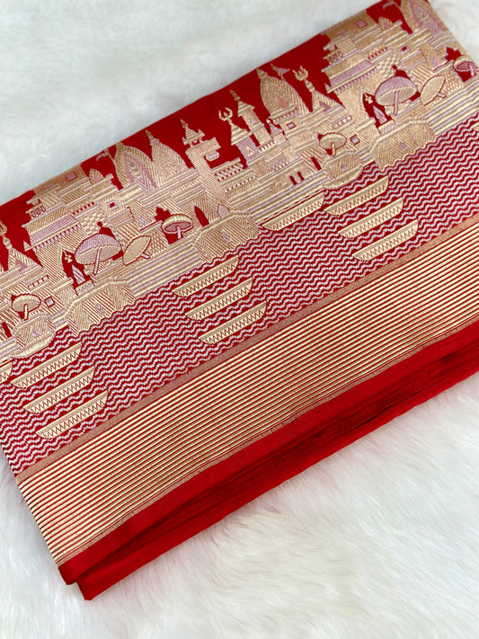 Deep Red Pure Banarasi Katan Silk Saree - Ghat Motiff with Rich Zari Weaving