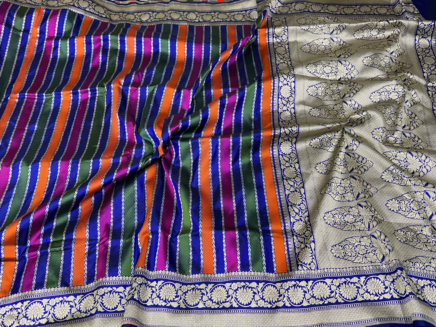 Royal Blue Pure Banarasi Katan Silk Saree - Stripe Multicolour Design with Rich Zari Weaving